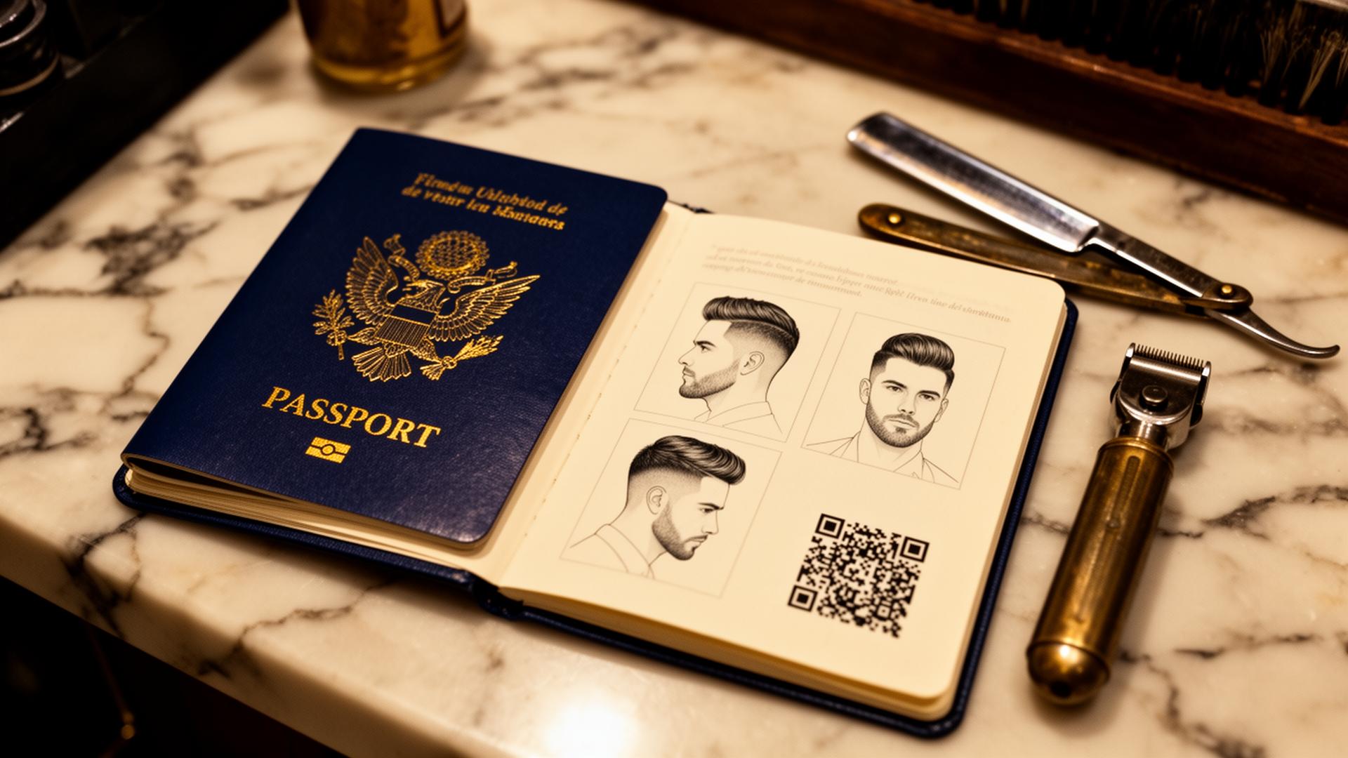An open passport on a barber's marble counter showing a haircut profile and QR code
